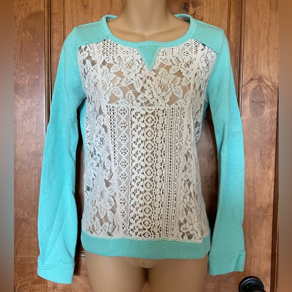 Jolt Lace Panel Crewneck Aqua Sweater in Women’s Size Small